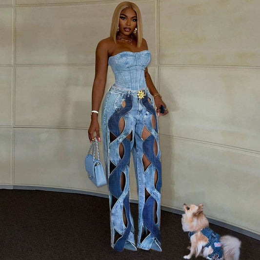 Vintage Golden FLower High Waist Wide Leg Bicolor Spiral CutOut Denim Jeans