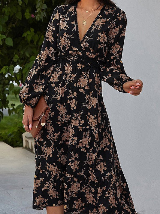 V-Neck Vintage Print Long Sleeve Dress